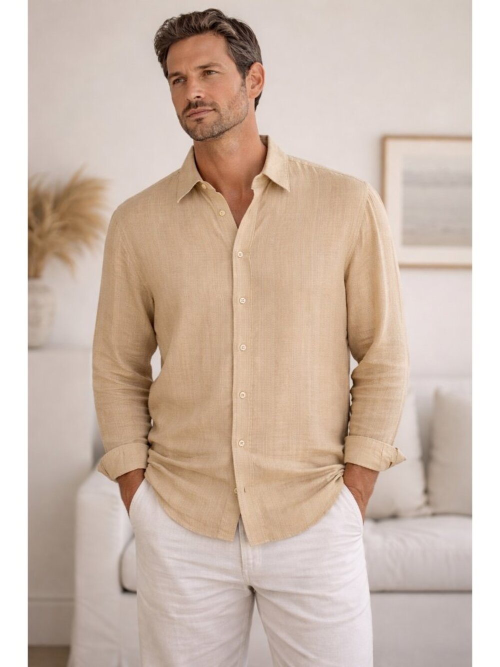 Anthology Linen Shirt Mens Medium Beige Button Up Long Sleeve Casual
